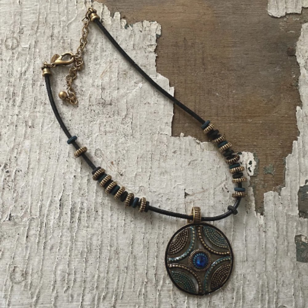 retro Chicos bronze and blue Swarovski crystal medallion necklace